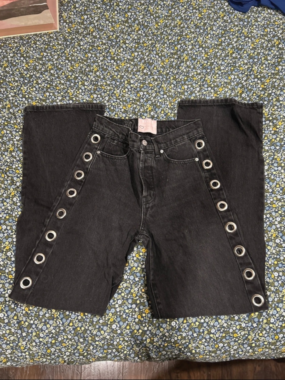 REVICE Black Wide-Leg Jeans with Grommet Detail